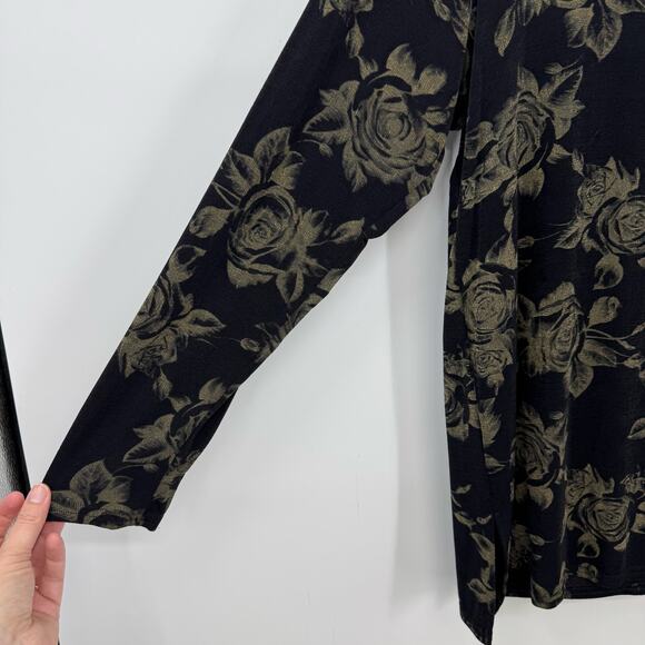 VTG Y2K Es Se Dark Floral Top Shirt L Black Slinky Knit Long Sleeve Witchy Vamp - Picture 3 of 8